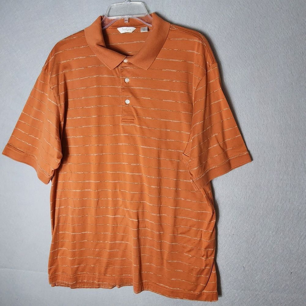 Turnbury Polo Mens Large Orange Stripped Short Sleeve Pima Cotton